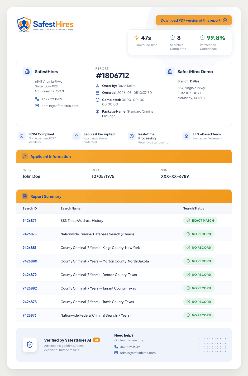 Sample SafestHires background check report showing per-row search status, turnaround time, and FCRA-compliant disclosures.