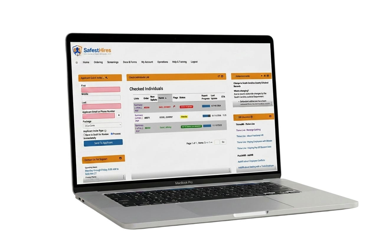 SafestHires HR dashboard on a MacBook showing the applicant quick invite panel, checked individuals list, announcements, and HR education resources.