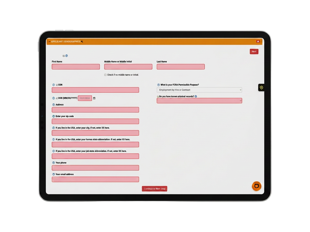 SafestHires applicant demographics form displayed on an iPad in landscape orientation.