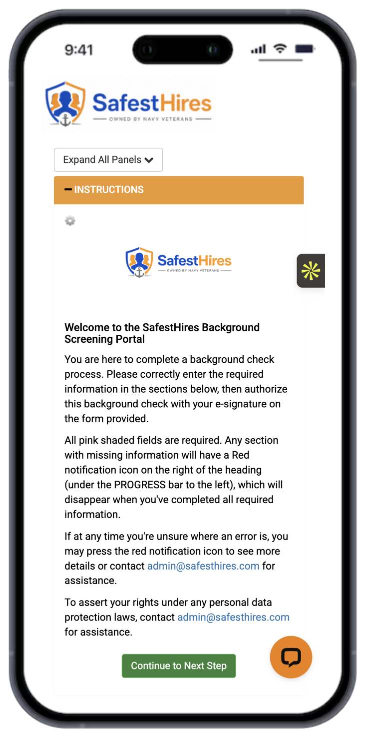 SafestHires candidate portal on an iPhone showing the welcome screen and background screening instructions.