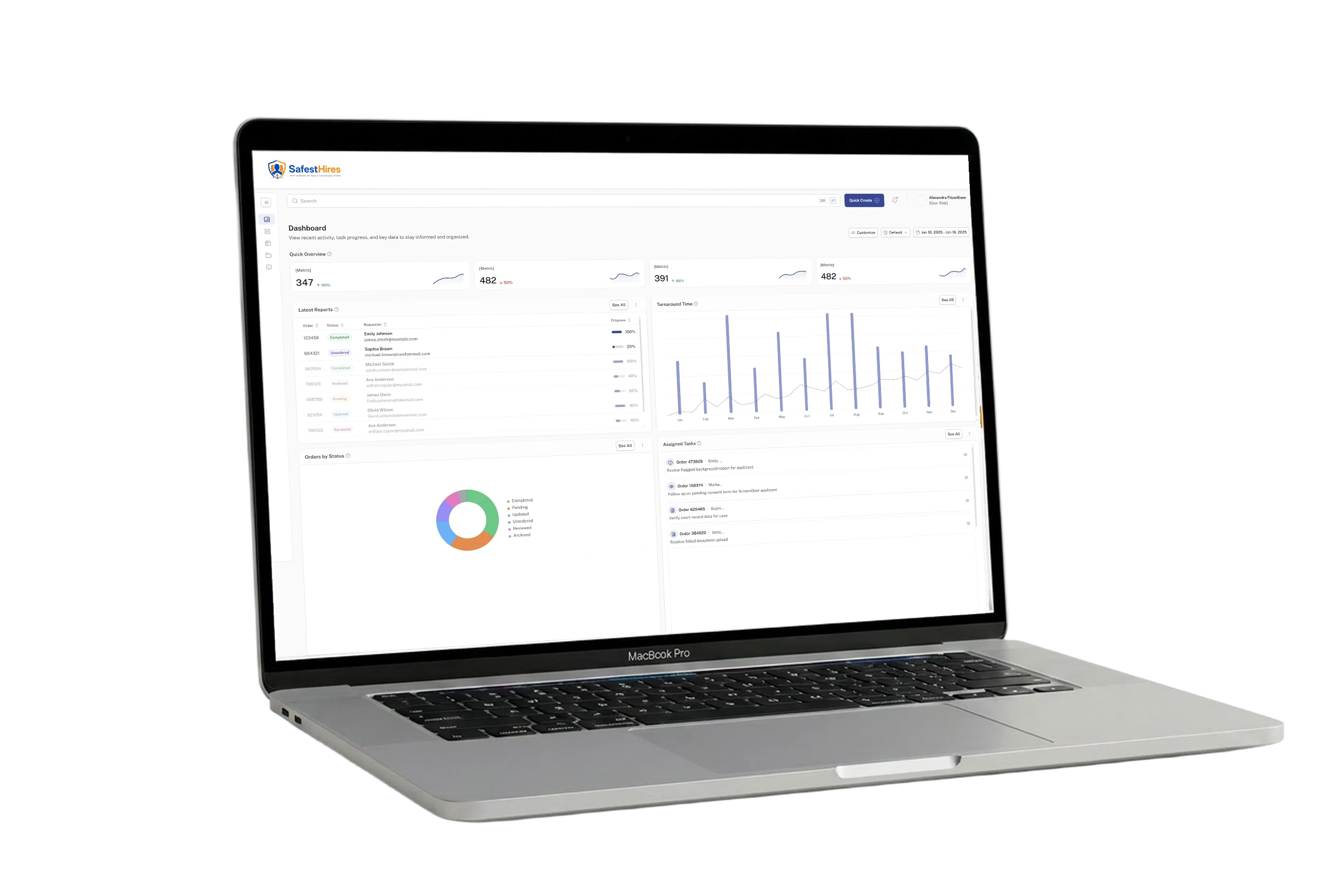 SafestHires HR dashboard on a MacBook showing the branded header, search bar, quick overview metrics, latest reports, turnaround time chart, and orders by status.