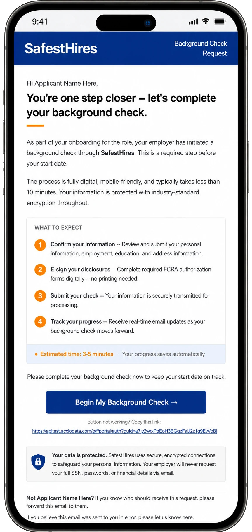 SafestHires mobile candidate portal showing the background check request welcome screen and instructions.