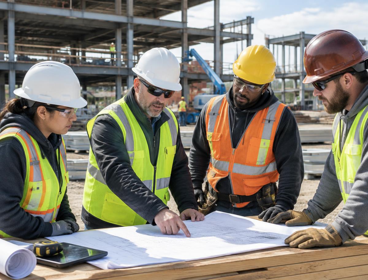 Construction supervisor and skilled trades workers reviewing plans at a jobsite