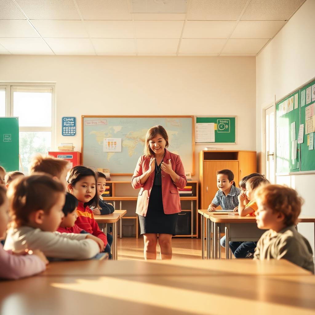 Teacher with elementary students in a bright classroom