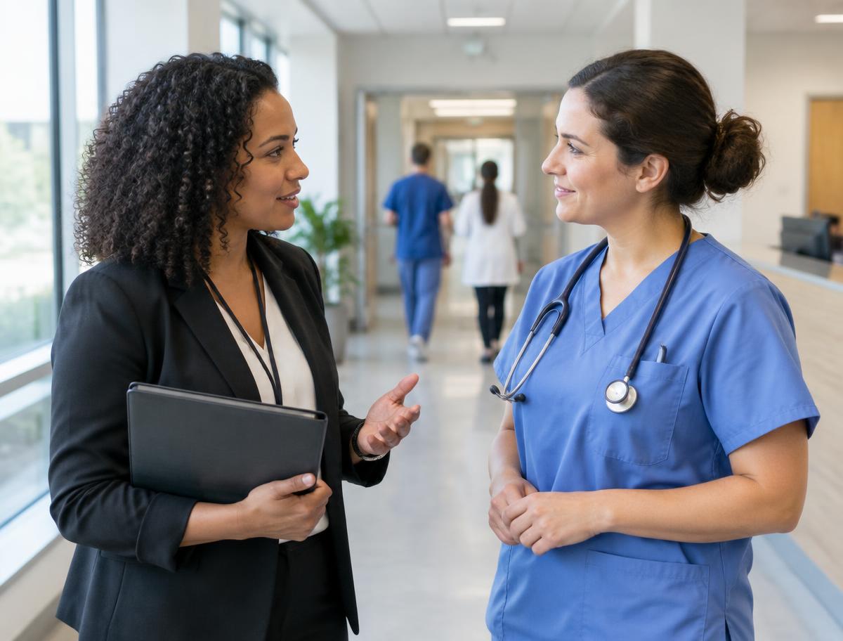 Healthcare staffing recruiter speaking with a nurse in a hospital corridor
