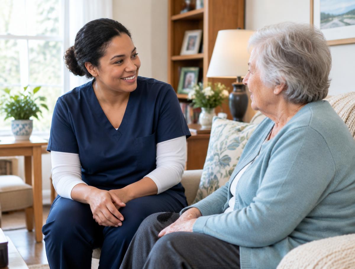 Home care aide speaking with an older adult in a bright living room