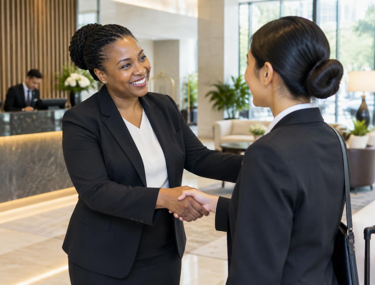 Hotel hiring manager welcoming a hospitality team member in a lobby