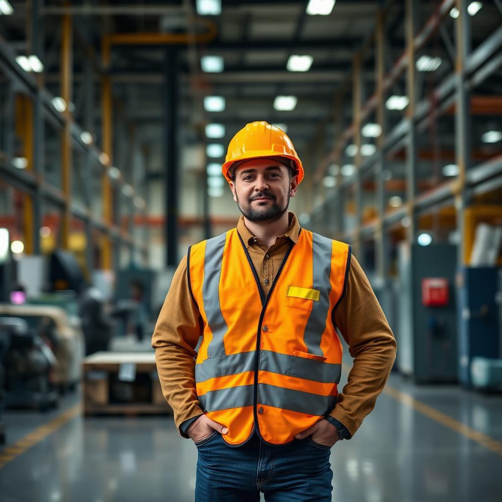 Manufacturing worker in safety vest and hard hat on a factory floor