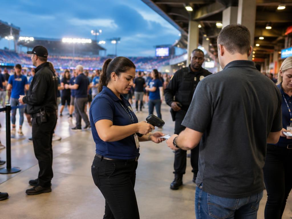Event staff scanning tickets at a professional sports stadium concourse