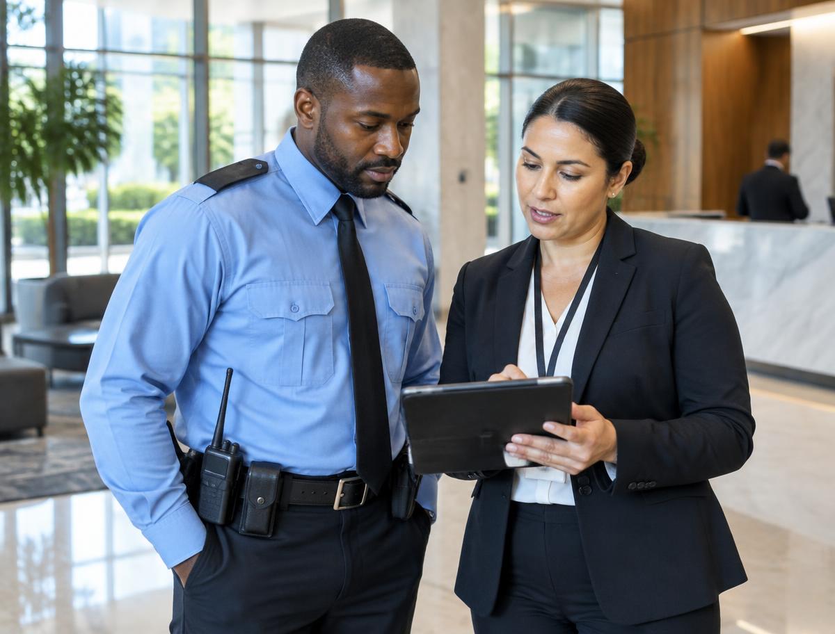 Security officer and operations manager reviewing an assignment in a lobby