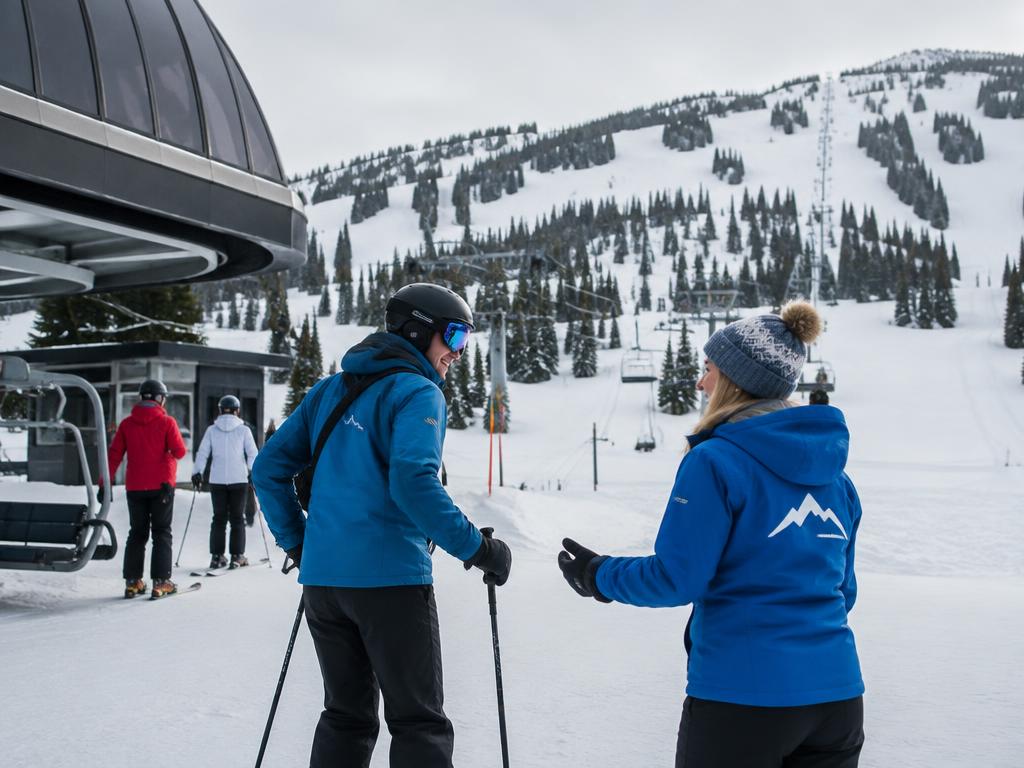 Ski resort staff in branded jackets assisting guests at a chairlift base