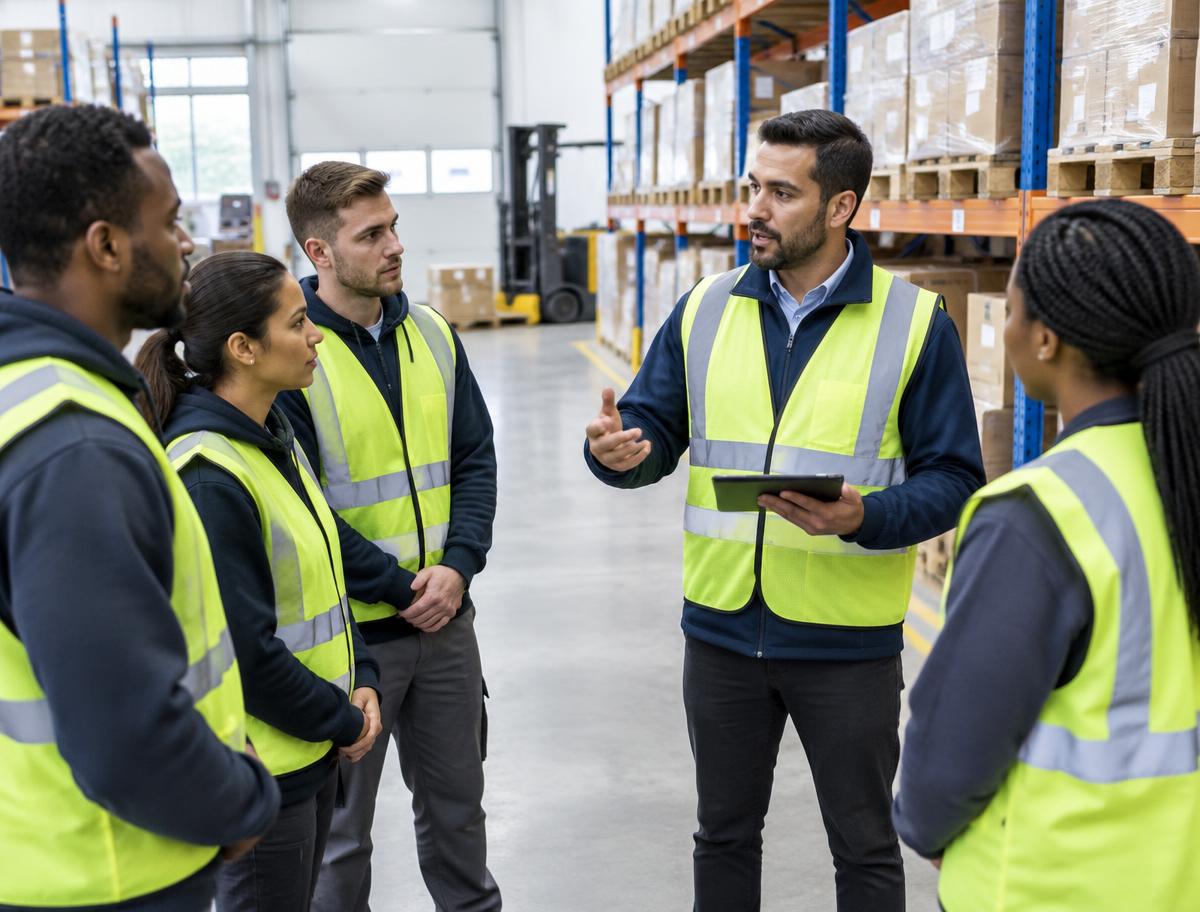 Warehouse supervisor briefing a logistics team in a distribution center