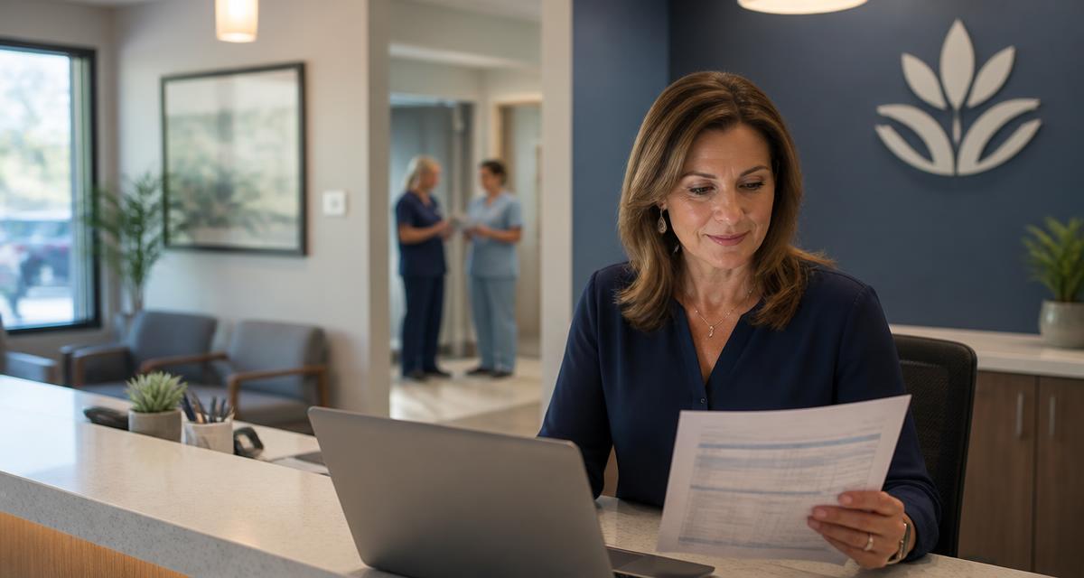 Clinic practice manager reviewing a screening cost estimate at the front desk
