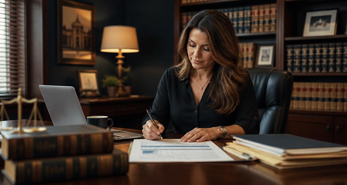 Law firm office manager reviewing a screening budget at a desk
