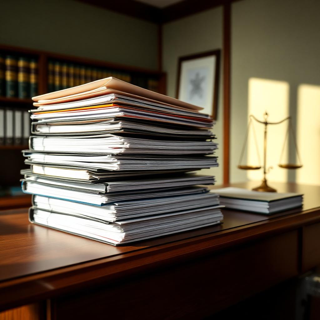 Stack of legal files on a desk in a law office