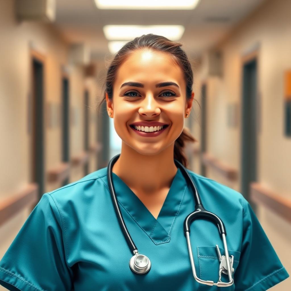 Smiling nurse in scrubs in a hospital corridor