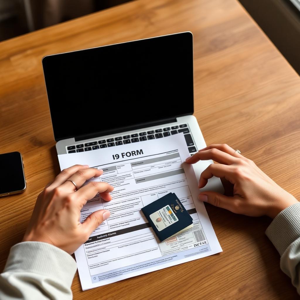 Hands reviewing an I-9 form and ID documents at a desk