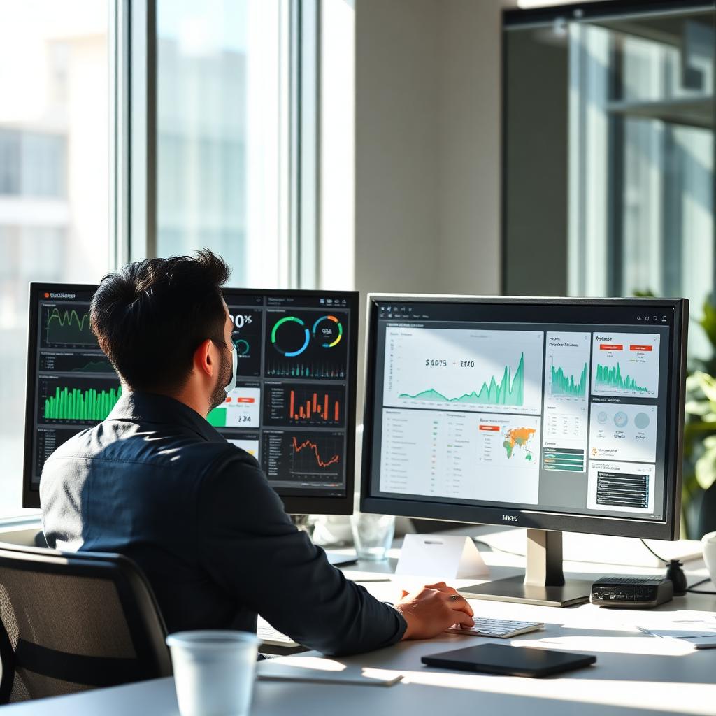 Analyst reviewing dashboards on dual monitors