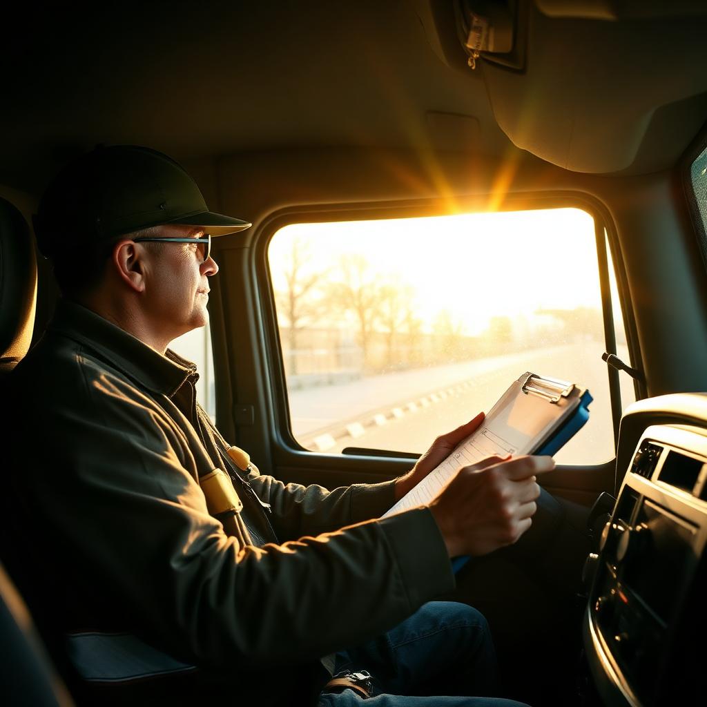 Commercial truck driver in cab reviewing a clipboard