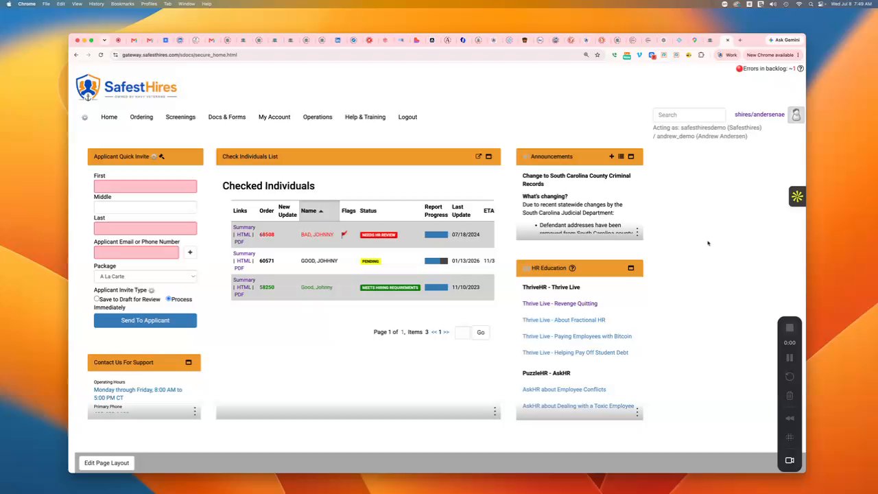 SafestHires: Placing Orders